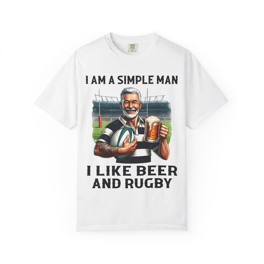Rugby & Beer T-Shirt — “I Am A Simple Man I Like Beer And Rugby” Graphic Tee